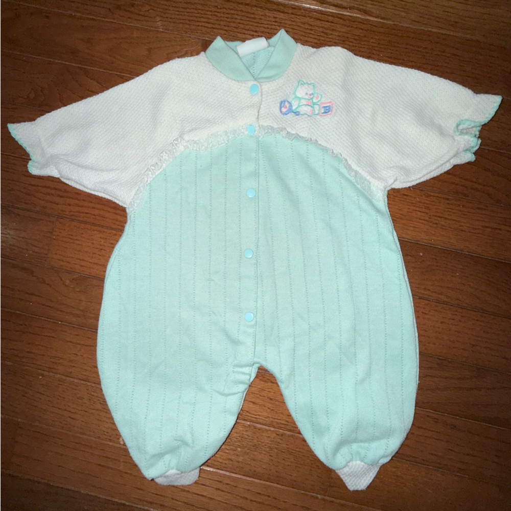Vintage Sweet Treasures Mint and White Knit Bubble Onesie, Embroidered Size 0-3m